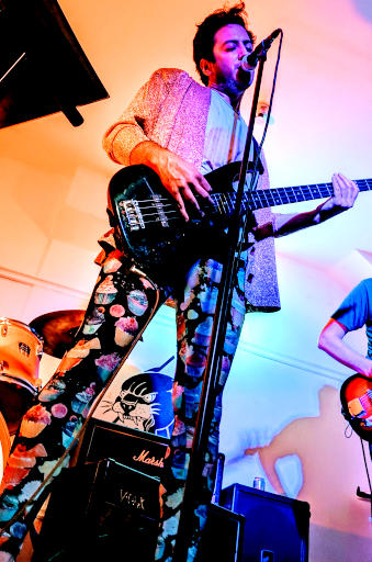 Bassist singing and playing bass under orange stage lights
